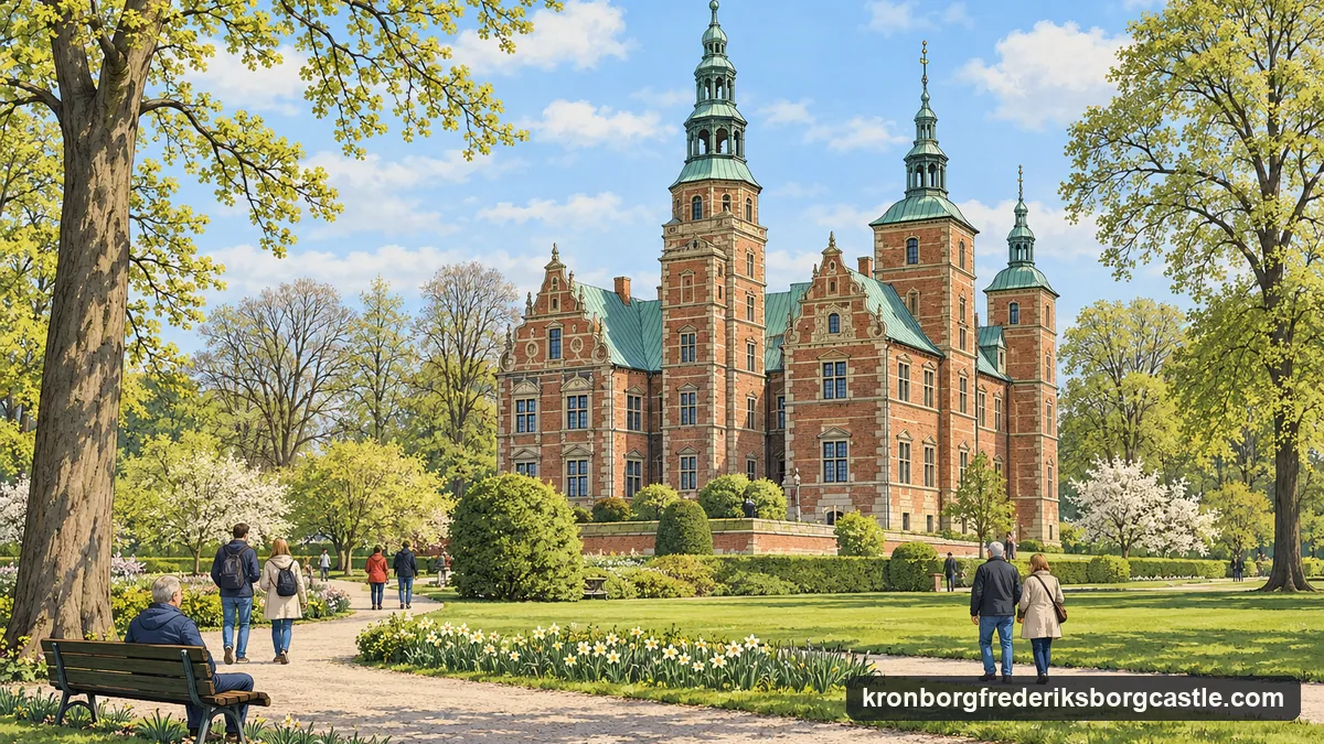 Illustration: a small red-brick Renaissance castle with sandstone trim and slender copper-green towers standing in a park, lawns and tall trees around it and a few people on the paths
