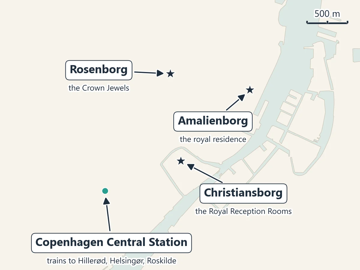 Map of central Copenhagen: Rosenborg north of the centre, Amalienborg by the harbour, Christiansborg on Slotsholmen, and Copenhagen Central Station to the south-west