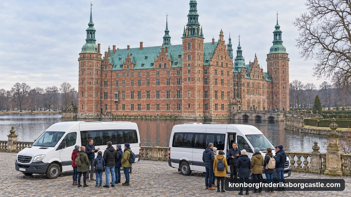 Illustration: two small tour minibuses parked side by side on a cobbled forecourt in front of a red-brick Renaissance castle with copper spires, on a grey winter morning