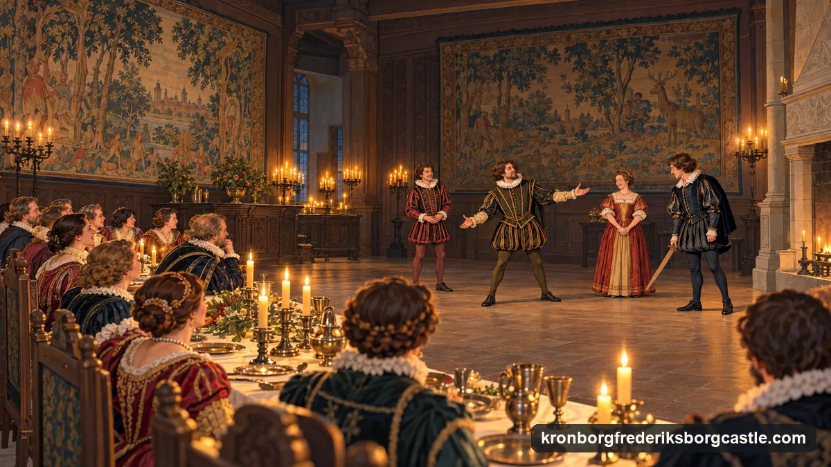 Illustration: a Renaissance banqueting hall with a long table and tapestries on the walls, a small troupe of actors in Elizabethan costume performing at one end, candlelight