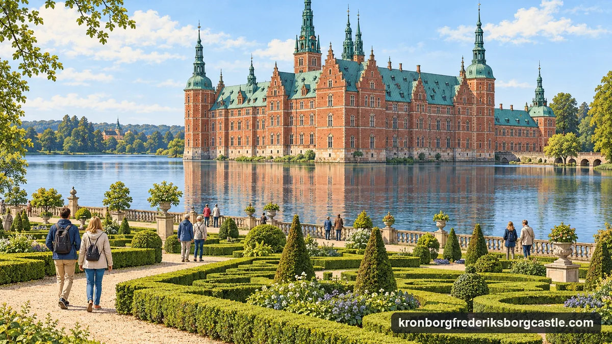 Illustration: a red-brick Renaissance palace with copper spires and sandstone trim rising from a lake, a formal garden of clipped hedges in the foreground and a few visitors on a gravel path