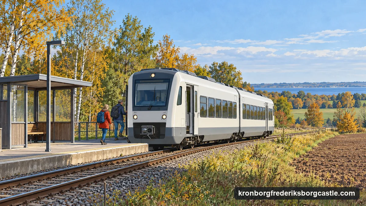 Illustration: a plain two-car local train waiting at a small country station platform in North Zealand, two visitors with day packs about to board, birch woods and a field behind