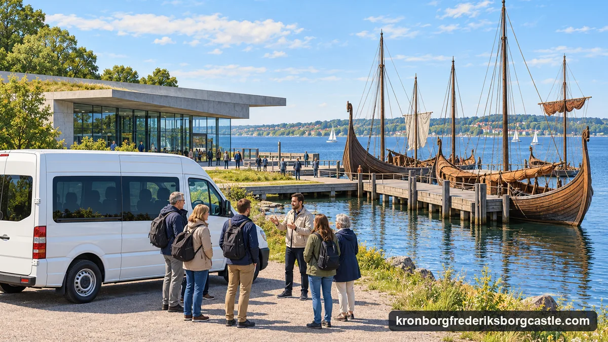 Illustration: a driver-guide talking to a small group beside a minibus at the edge of a fjord, a modern museum hall and wooden boats with tall prows moored behind them, on a summer afternoon